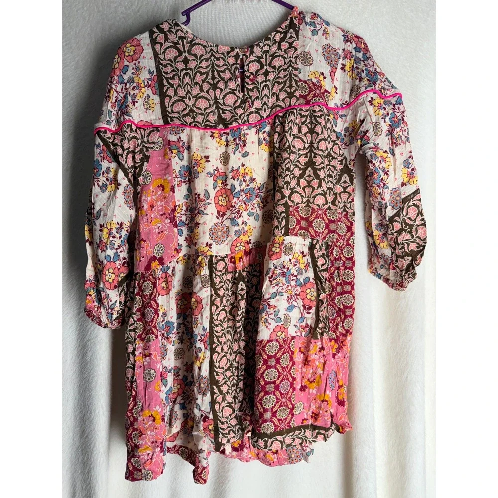 Zara Kids Girls Patchwork Floral Tiered Dress Pink Brown Size 11-12 Boho